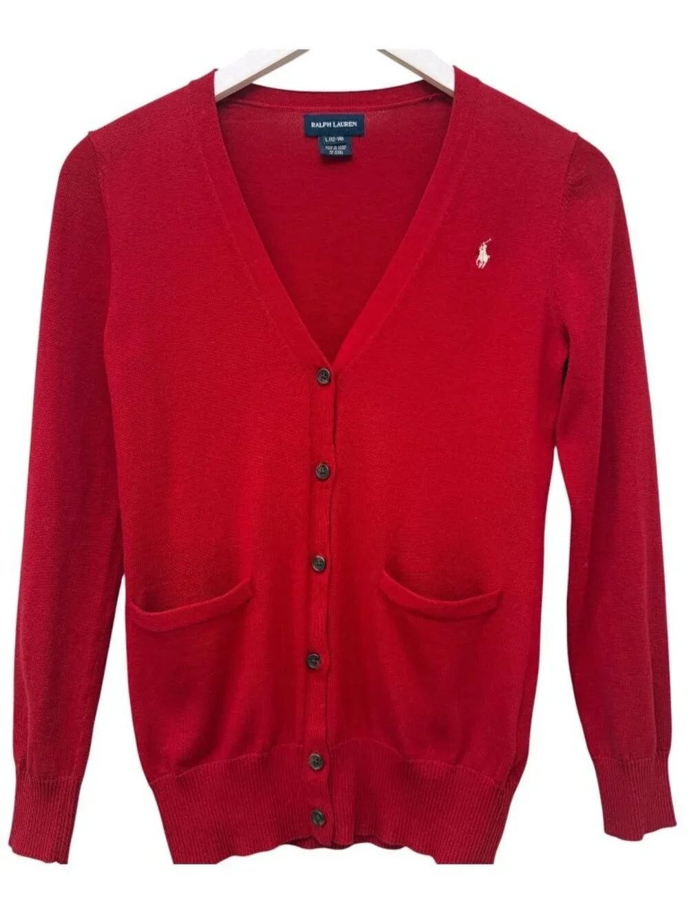 RALPH LAUREN Girls Cardigan Sweater Red Size Large 12-14 Cotton Preppy V-neck